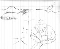 Sketch: tree with mountains in background