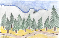 Sketch: trees with mountains in background