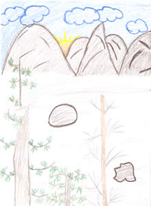 Sketch: trees with mountians in background