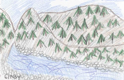 sketch: mountains and river