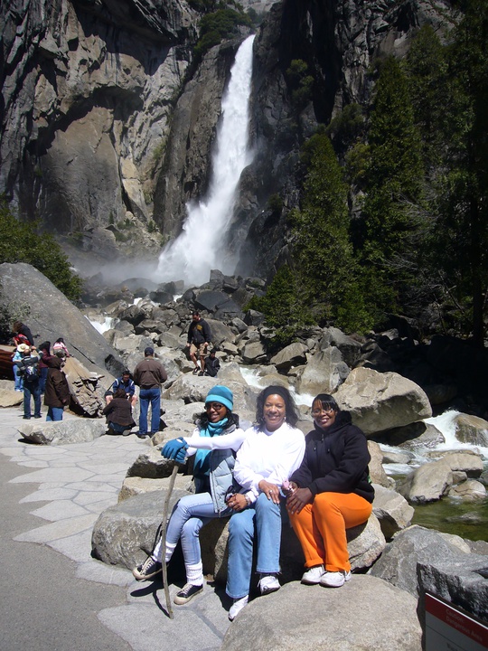 families at the waterfall