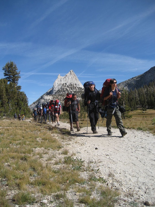 group backpacking by cathedral peak